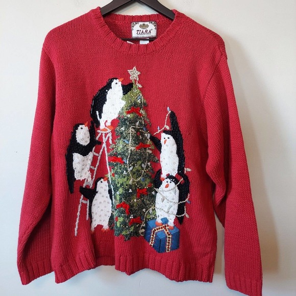 Tiara Sweaters - Penguin Decorating Tree Ugly Christmas Sweater Size Medium Red Embellished